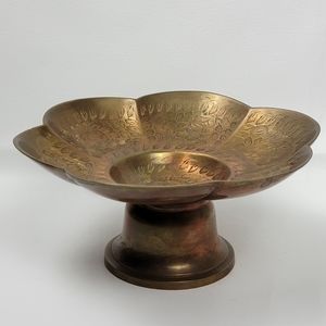 Vintage MCM Brass Pedestal Bowl with Engraved Etched Leaves Ornate Design Boho